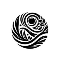 Symbolic Black and White Circular with Abstract Nature Motifs, resembling sun, leaves, and swirling elements vector
