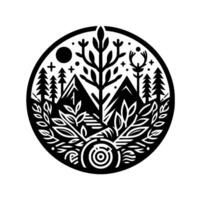 A minimalist black and white circular emblem featuring mountains, trees, foliage, sun, and a stylized central tree. vector