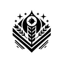 Abstract Black and White Hexagonal Emblem with Stylized Wheat, Celestial Sphere, and Geometric Stars, Perfect for Branding or Symbolism. vector