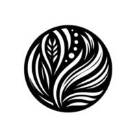 Black and white minimalist circular artwork featuring stylized organic forms resembling leaves, wheat, and dots, creating a sense of balance. vector
