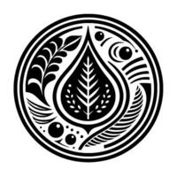 Black and white naturethemed circular emblem with a stylized water drop featuring a tree, surrounded by leaves, branches, and geometric elements. vector