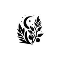 Monochromatic Botanical Illustration Featuring a Crescent Moon, Star, and Foliage on White Background. vector