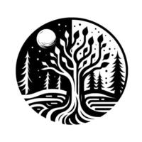 Dichotomous Night and Day Scene A circular, black and white illustration featuring a central tree, forest, moon, and stars symbolizing natures contrast. vector