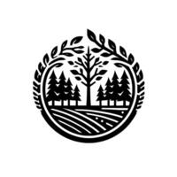 Elegant Black and White Circular Forest Silhouette with Central Tree, Pine Trees, Field, and Leafy Wreath vector