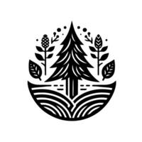 Stylized black and white illustration of a pine tree with leaves, cones, and a curved ground, within an oval. vector