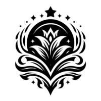 Elegant Black and White Crest Featuring Floral Elements, Stars, and Ornate Scrollwork, with Symbolic Flourishes. vector