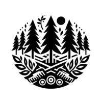Black and White Circular Illustration of a Forest Scene with Fir Trees, Moon, Geometric Elements, and Foliage. vector