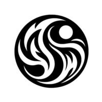 Black and white stylized circular with flowing, abstract wavelike shapes and a central white circular element, resembling yinyang or tribal artwork. vector