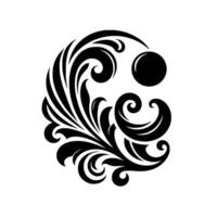 Ornate black flourish with symmetrical curves, swirls, leaves and a sphere element, set against a white backdrop. vector