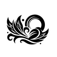 A symmetrical, blackandwhite floral featuring stylized leaves, a partial ring, and curved accents, creating a decorative and artistic composition. vector