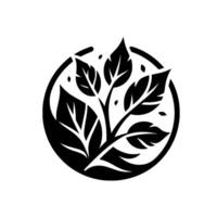 A stylized, minimalist black and white illustration of a leafy sprig enclosed within a circular frame, representing natural elegance. vector