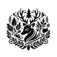 A symmetrical black and white illustration featuring a stag surrounded by forest elements, creating a decorative emblem. vector