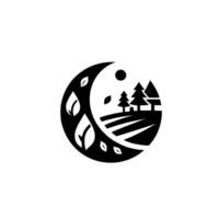 Black and white circular featuring a stylized landscape with trees, fields, leaves, and a sun, evoking natures harmony. vector