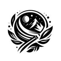 Stylized black and white circular depicting a mountain scene with a moon and stars, framed by leaves and a swordlike brush, evoking nature and exploration. vector