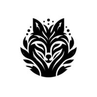 Black and white stylized fox emblem, featuring layered symmetrical linework, foliage accents, and dot cluster above head, against a clean white backdrop. vector