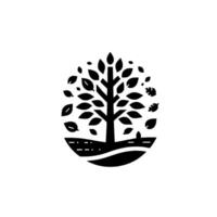 Minimalist black and white tree , circular frame with falling leaves, natureinspired, flat art. vector