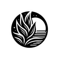 A stylized black and white circular emblem featuring a central leafy element, a crescent moon, and layered ocean waves, with star details. vector