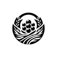Stylized black and white circular emblem, featuring spherical objects resembling fruit nestled within layered leafgrain motifs, all enclosed within a ring. vector