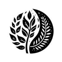 A symmetrical, black and white botanical illustration featuring a tree divided into light and dark halves within a circle. vector