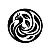 Elegant Black and White Phoenix Symbol Enclosed in a Circle Modern for Rebirth and Grace, Featuring Stylized Leaves vector