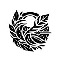 Intricate black and white circular of stylized leaves, feathers and arrows, featuring a balanced and minimalistic aesthetic. vector