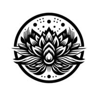 Intricate Black and White Lotus Flower in Circular Frame with Symbolic Dots, Elegant Art vector