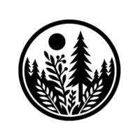 Minimalist Black and White Circular Illustration of Forest Scene with Trees, Plants, and a Sun vector