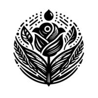 Intricate Black and White Floral Crest A Stylized Rose with Leafy Embellishments and a Water Droplet, Set in Circular Formation. vector