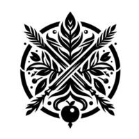 Symmetrical Black and White Crest Crossed Swords and Foliage, Apple Motif, Circular Composition. vector