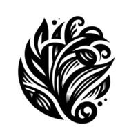 Black and white circular floral with swirling lines, stylized leaves, and minimalist details on a stark white background. vector