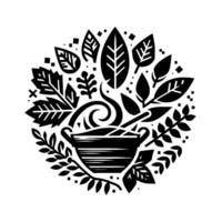 Black and white stylized illustration of a pot with steam surrounded by leaves and botanicals in a circular arrangement. vector