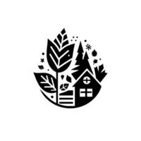 Minimalist Black and White Nature Illustration Leafy plant, a cabin with trees and foliage, all enclosed within an organic teardrop shape. vector