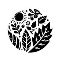 Black and white circular illustration of stylized nature elements sun, leaves, berries, flowers, and foliage, creating a symmetrical . vector