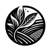 Circular, stylized illustration of a plant with large leaves set against a textured field, evoking natural growth within a defined space, in monochrome. vector
