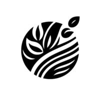 Abstract black and white circular featuring stylized leaves and striped patterns symbolizing growth, nature, and organic . vector