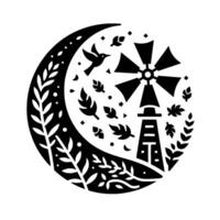 Black and White Circular Illustration of a Windmill, Bird, and Foliage Within a Crescent Moon. vector