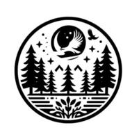 Silhouette of a forest scene within a circle, featuring pine trees, an eagle in front of a crescent moon, stars, and a flying bird. vector