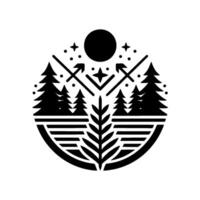 A minimalist black and white naturethemed , featuring a stylized forest scene within a circle. Elements include trees, moon, stars, and arrows. vector