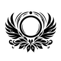 Black and white symmetrical features a central circle, framed by stylized wings, floral elements and concentric arcs, creating a decorative emblem. vector