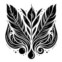 Elegant symmetrical black and white art featuring feathers, stylized leaves, and ornamental swirls, arranged in a balanced, florallike composition. vector