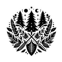 Black and White Circular Emblem Featuring Pine Trees, Celestial Elements, Wilderness Tools, and Foliage. vector