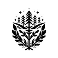 A symmetrical minimalist emblem of a forest scene within an oval , showcasing stylized pine trees atop hills, framed by branches and leaves, with geometric accents. vector