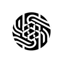 Intricate black and white optical illusion, a geometric in a circular frame, creating a complex and dynamic pattern on white. vector