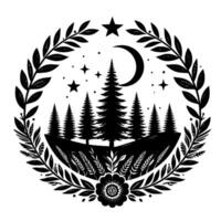 A stylized, monochromatic wreath featuring a forested landscape under a starry night sky with a crescent moon, and a floral base. vector