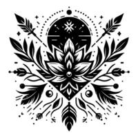 Intricate black and white symmetrical floral featuring a lotus flower, feathers, arrows, and celestial elements. vector