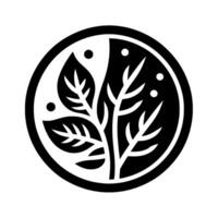 Stylized black and white featuring a splitfield circle with botanical elements, leaves, and branches. vector