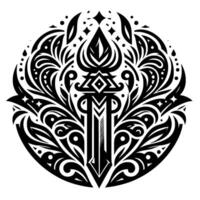 Intricate black and white symmetrical circular featuring stylized sword, leaves, and stars, creating a decorative emblem. vector