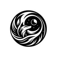 Stylized Black and White Circular Emblem A Fox Gazes at Crescent Moon and Stars, Surrounded by Swirling Foliage. vector