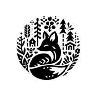 Black and white minimalist circular illustration of a stylized fox nestled among trees, flowers, and tiny houses, evoking a sense of peaceful forest life and a harmonious ecosystem. vector