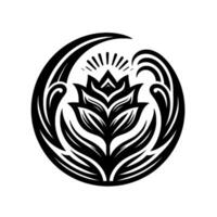 A minimalist, stylized black and white floral emblem, depicting a lotuslike flower enclosed within a circular, wavelike , symbolizing growth and harmony. vector